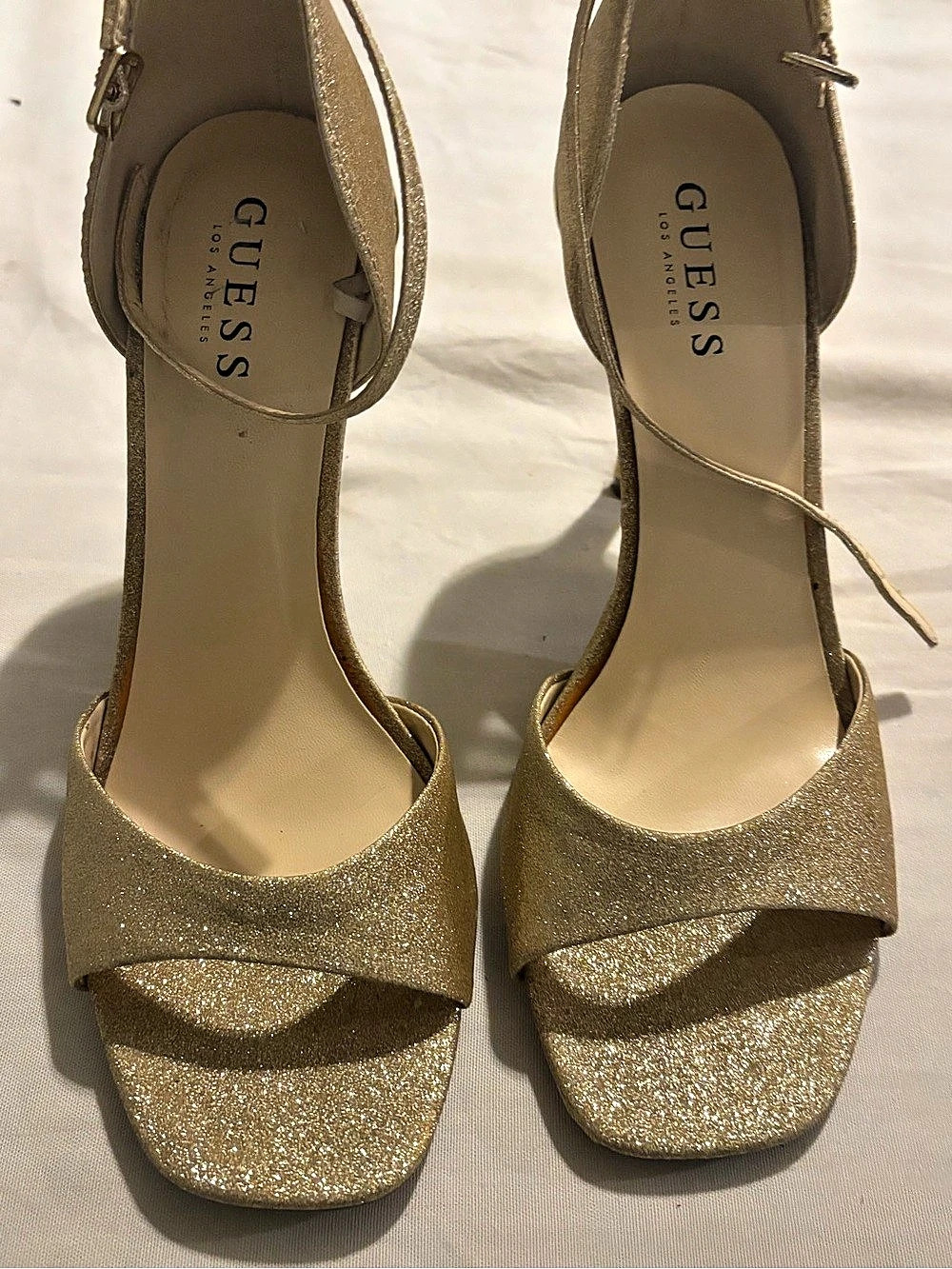 GUESS Glitter Bow Ankle Strap Heels in Gold US 10M